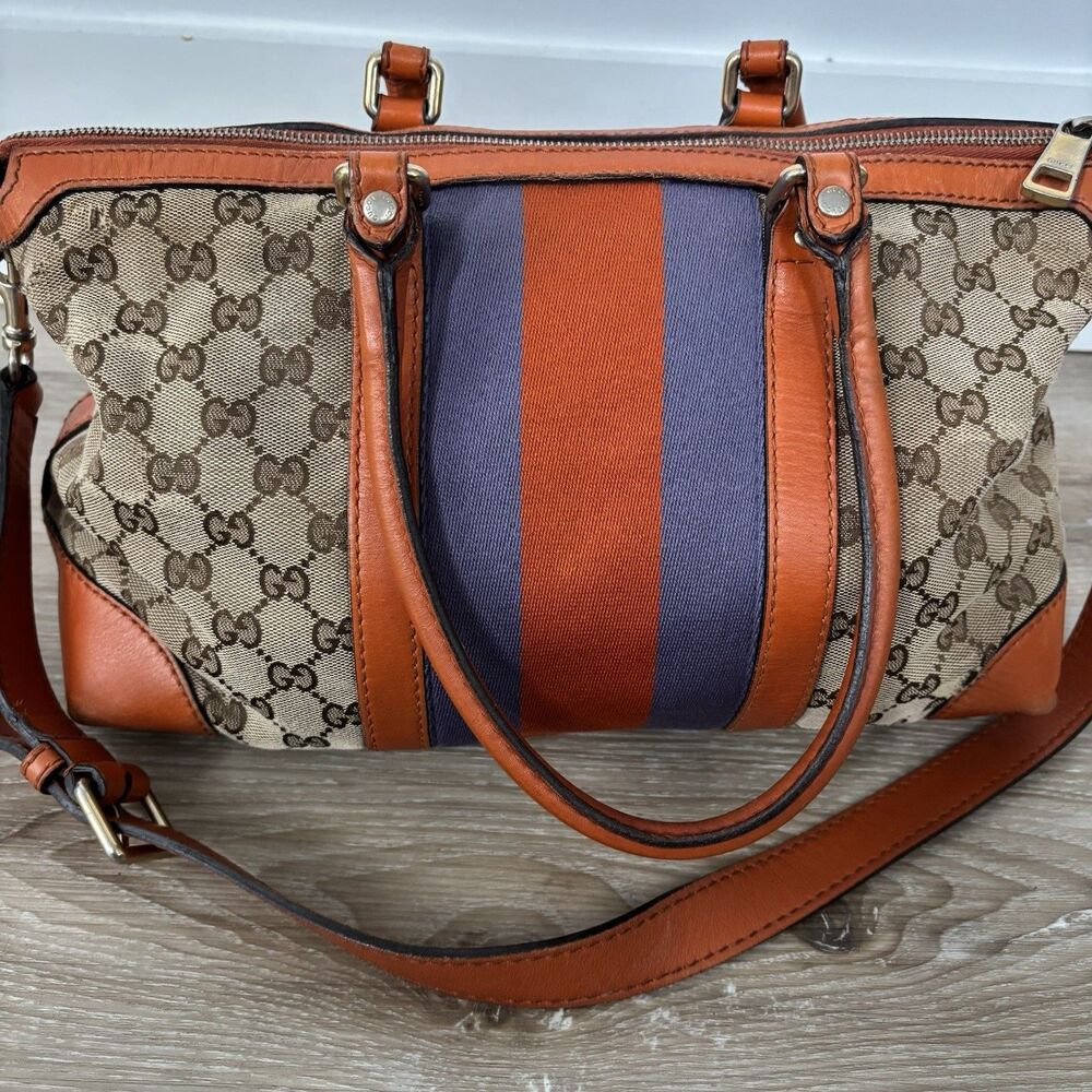 GUCCI Purse Monogram Vintage Web Small Boston Orange Blue Shoulder Bag Rare - Picture 8 of 16